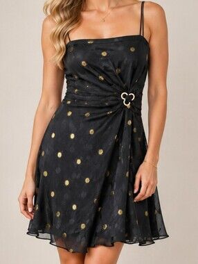 Nine West Silk Black/Gold Cocktail Dress Ruched Waist Spaghetti Strap Holiday